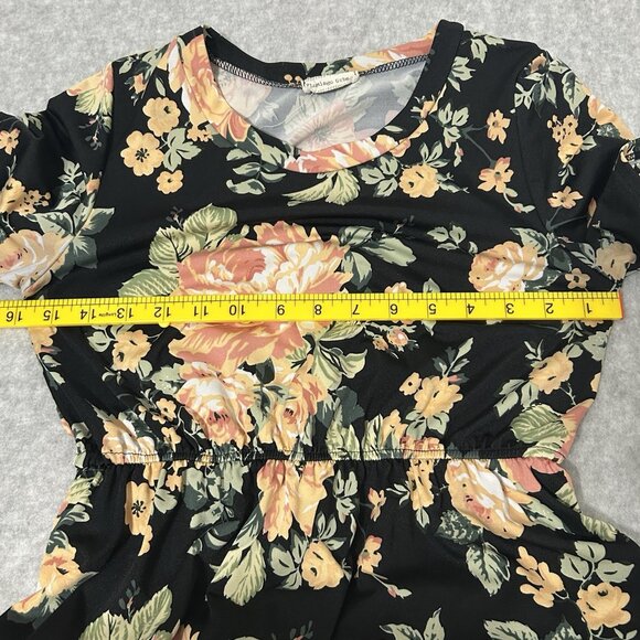 Flamingo Urban Women Black Floral Knit Round Neck Short Sleeve Maxi Dress SMALL - Picture 6 of 8